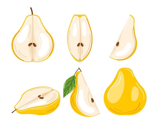 黄色の梨コレクション甘いスライス全体と半分の梨の果実セットは白い背景で隔離