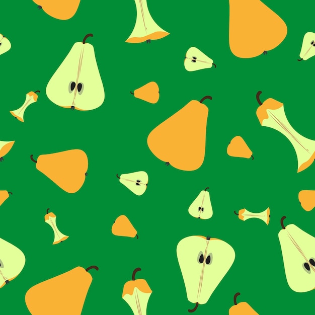 Yellow pears and half a pear on a green background