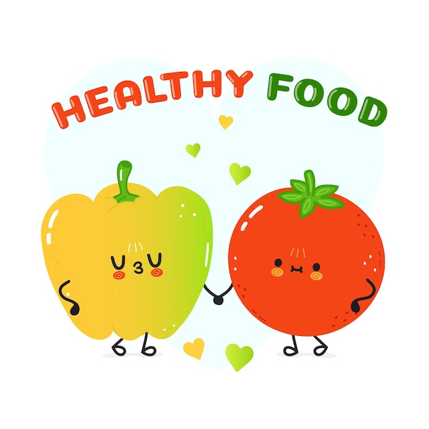 Yellow pepper and tomato card Vector hand drawn doodle style cartoon character illustration icon design Happy green pepper and tomato friends concept card