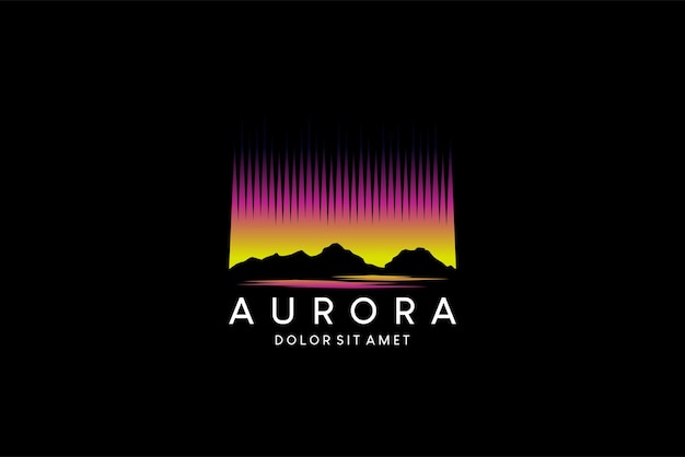 Vector yellow pink aurora borealis logo design vector illustration of polar sky glow over the mountains