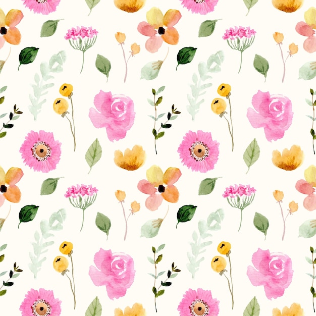 yellow pink cute floral watercolor seamless pattern