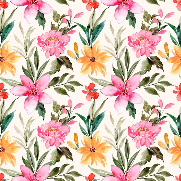 Yellow pink flower watercolor seamless pattern