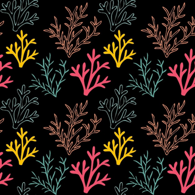 검은색 배경에 노란색 분홍색과 민트색의 산호는 열대 암초와 함께 터 완벽한 패턴 바다
