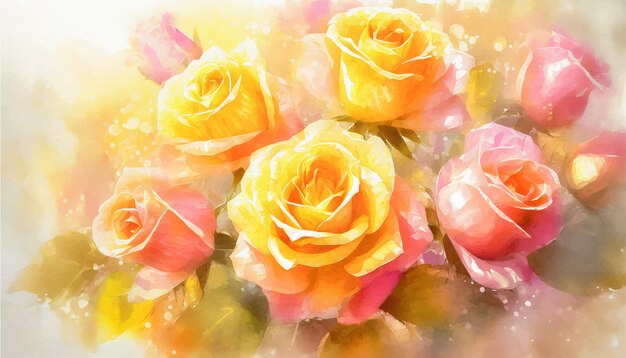 Yellow and pink roses isolated watercolor background