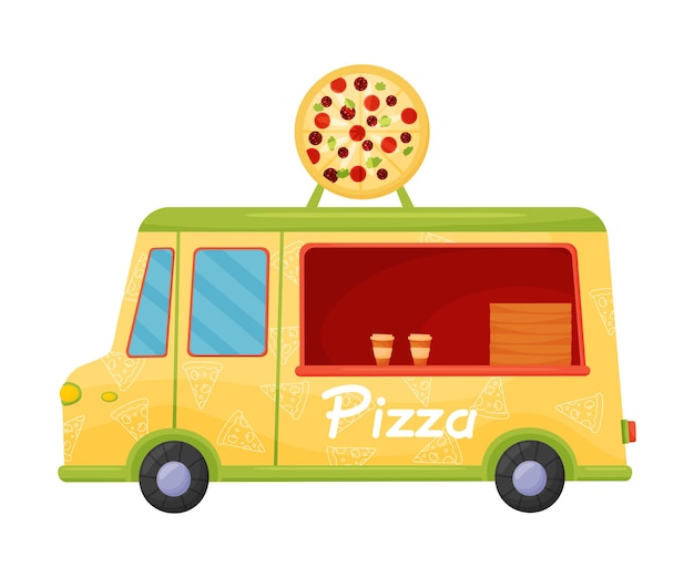 Vettore illustrazione vettoriale di un camion di pizza giallo su sfondo bianco