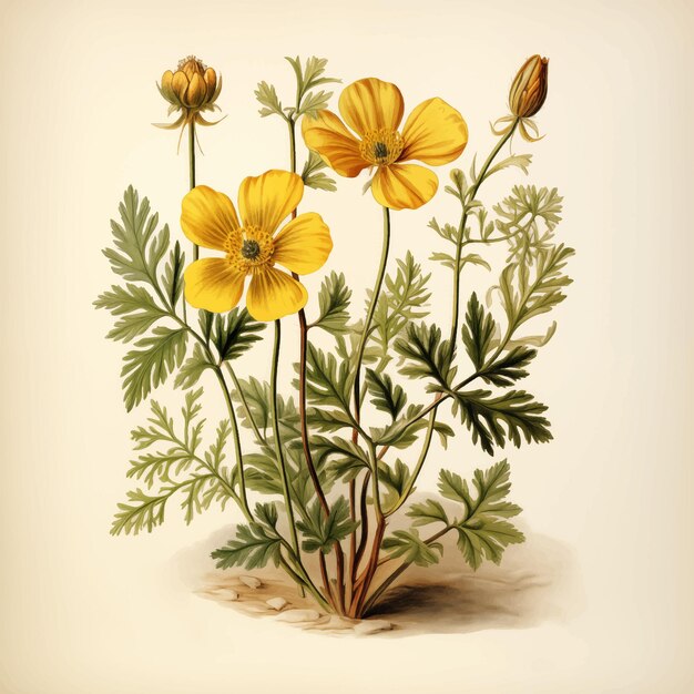 Yellow potentilla anserina flowers on white background