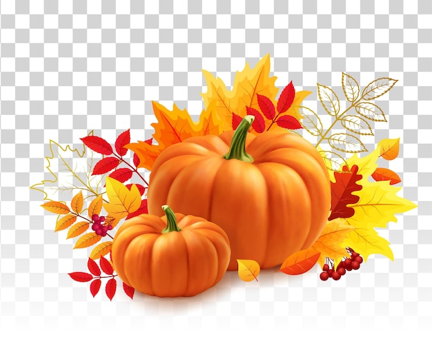 Vector yellow pumpkins autumn leaves on transparent background autumn festival invitation postcard or banne...