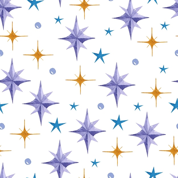 Yellow, purple and blue stars with dots watercolor seamless pattern