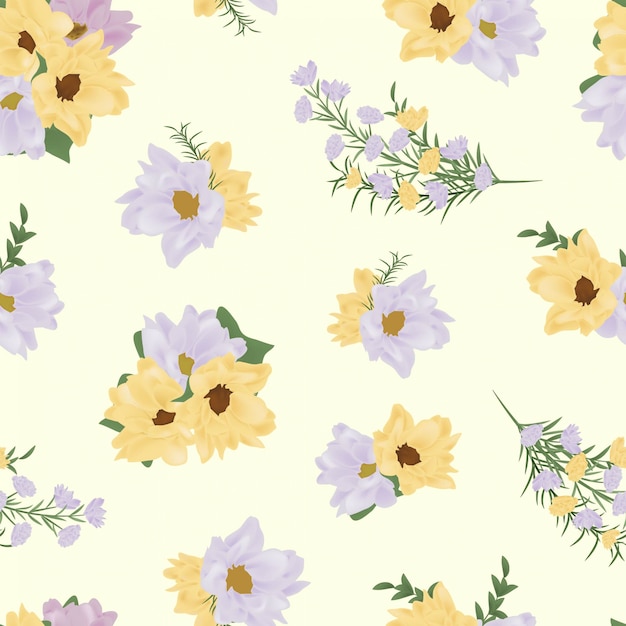 Yellow purple floral seamless pattern