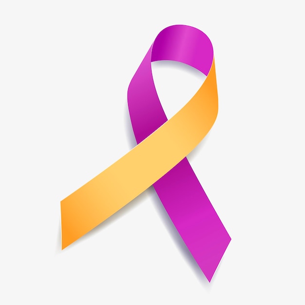 Vector yellow and purple ribbon awareness autoimmune hepatitis, bladder cancer, sotos syndrome. isolated on white background. vector illustration.