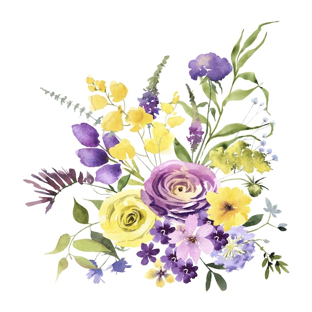 Yellow purple wildflower and roses bouquet watercolor