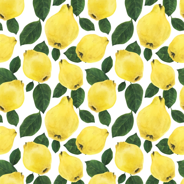 Yellow quince fruits and green leaves seamless pattern