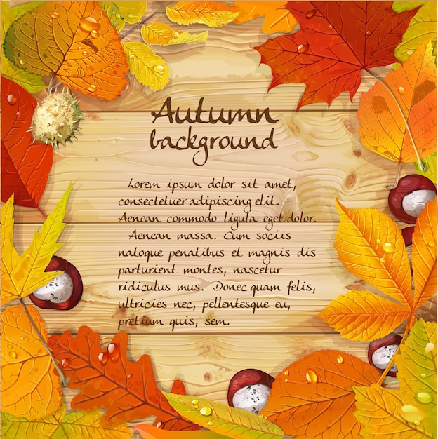 Yellow and red autumn leaves and chestnut wood background for yo