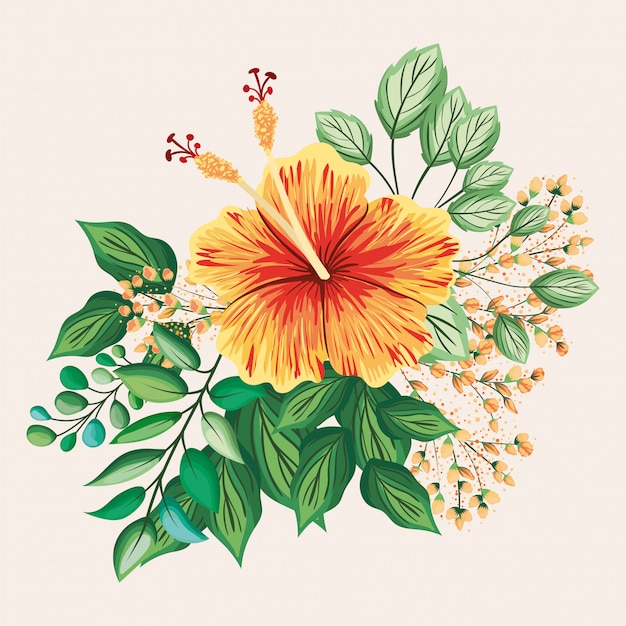 Yellow and red hawaiian flower with leaves painting design, natural floral nature plant ornament garden decoration