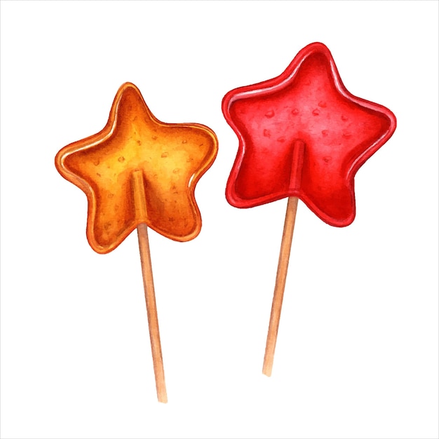 Yellow red lollipops in the shape of star Candies bonbon sugar caramels on stick Watercolor set
