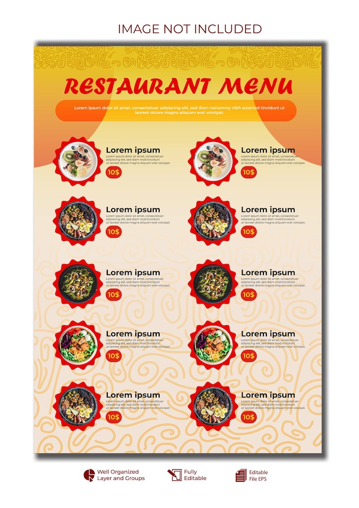 Vector yellow and red modern food restaurant menu layout editable template with abstract line background