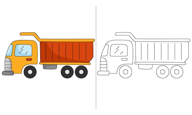 Vector yellow and red truck coloring page for children activities