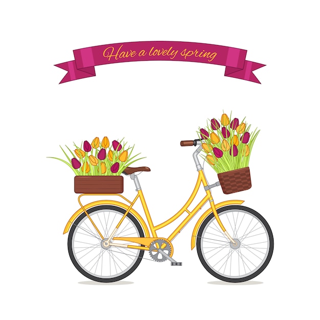 Vector yellow retro bicycle with tulip bouquet in floral basket and box on trunk.