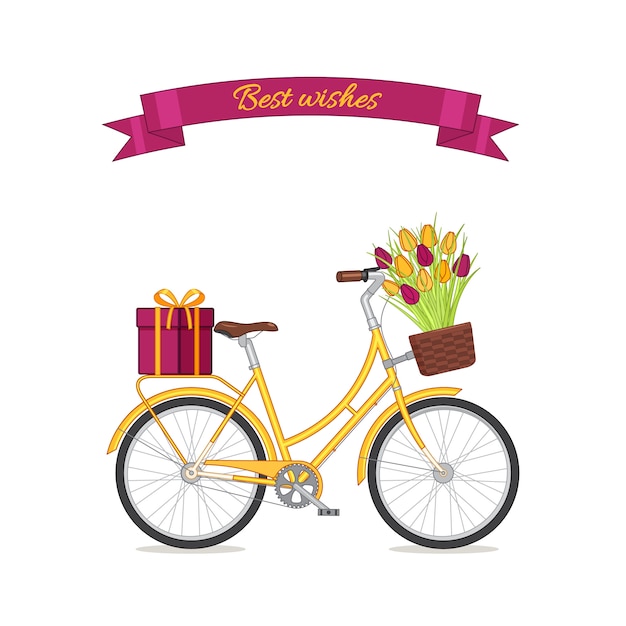 Yellow retro bicycle with tulip bouquet in floral basket and giftbox on trunk.