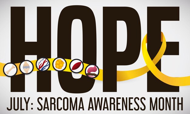 Vector yellow ribbon over hope sign and tissues promoting sarcoma awareness month