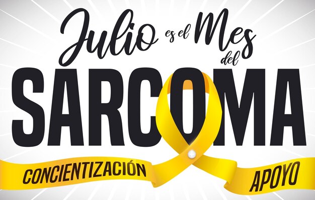 Yellow ribbon over sign promoting Sarcoma Awareness Month in Spanish