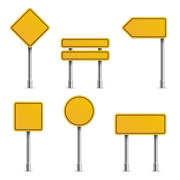 노란색 도로 표지판 빈 교통 고속도로 속도 거리 금속 기호 컬렉션 중지 안전 보드 빈 위험 금지 및 경고 기호 다이아몬드 거리 벡터 격리 세트