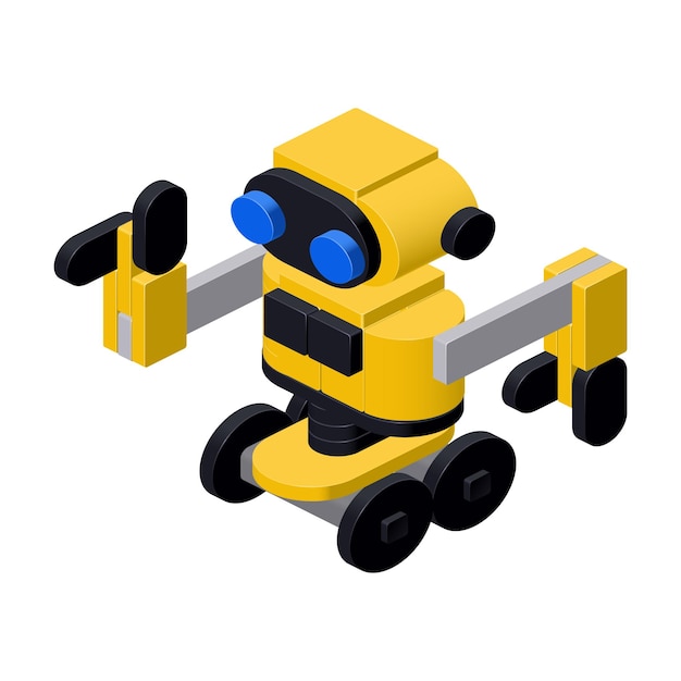 Yellow robot on wheels assembled from plastic bricks vector clipart