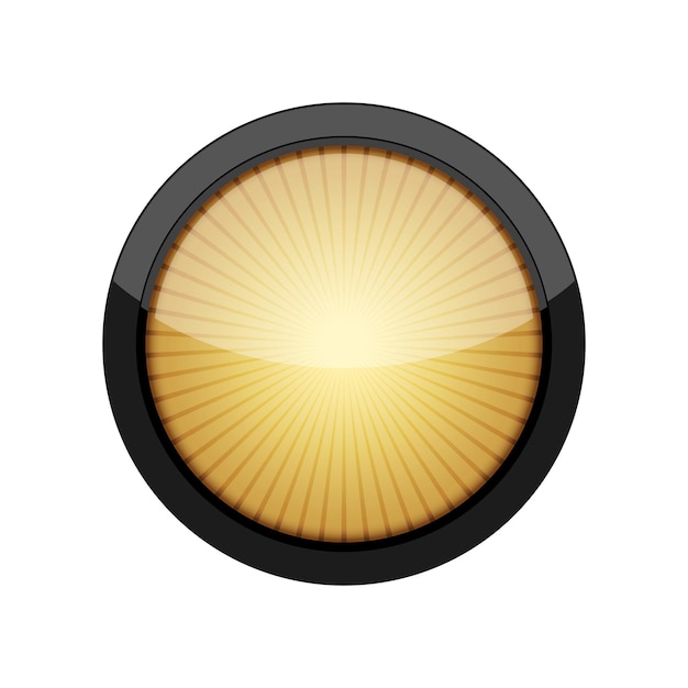 Yellow round button with a black frame. Vector illustration. Round button with rays inside, isolated on white background.