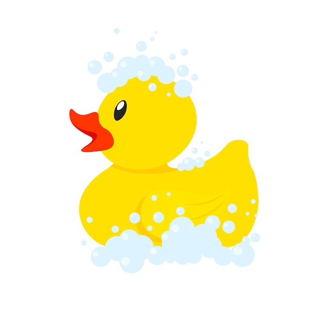 Yellow rubber bath duck in foam with bubbles Vector illustration in trendy flat style isolated