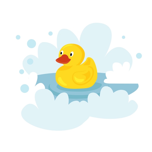 A yellow rubber duck floats in a bath among the foam bath toys