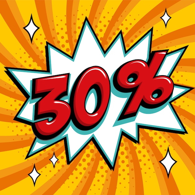 Yellow sale 30% web banner. pop art comic style thirty percent sale discount promotion banner