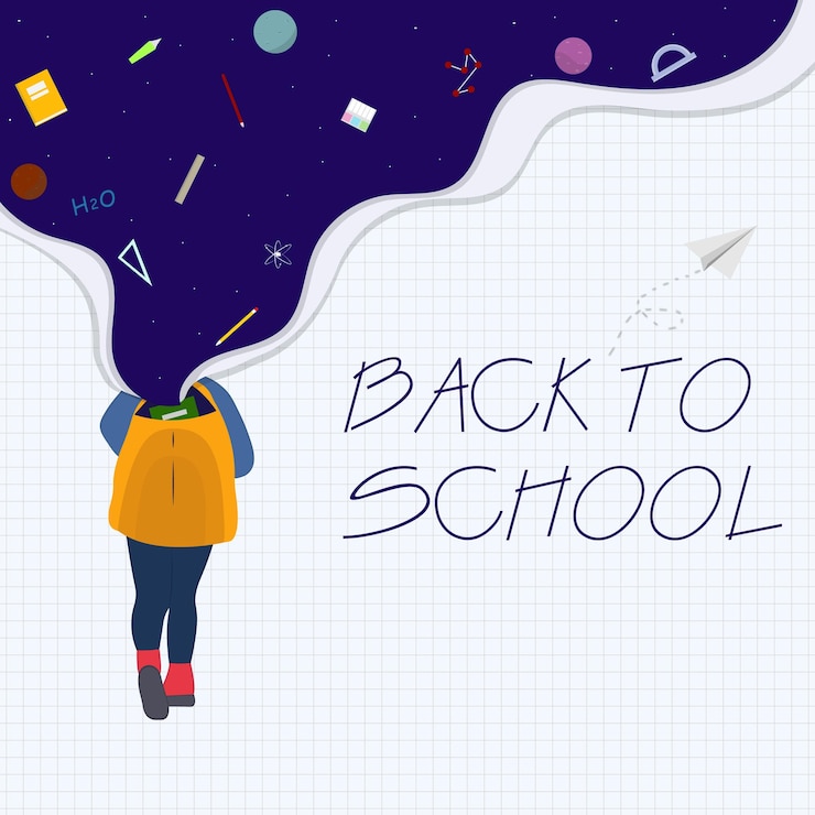 Vector 노란색 학교 배낭과 우주 종이 컷 효과는 학교 항목과 은하계 요소입니다.