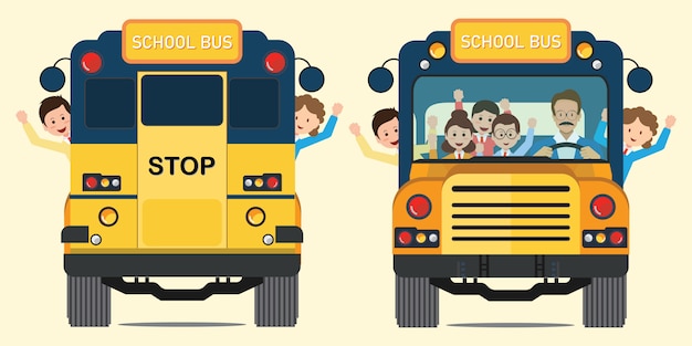 Желтый школьный автобус сзади и вид спереди с счастливые улыбающиеся дети, езда на школьном автобусе.