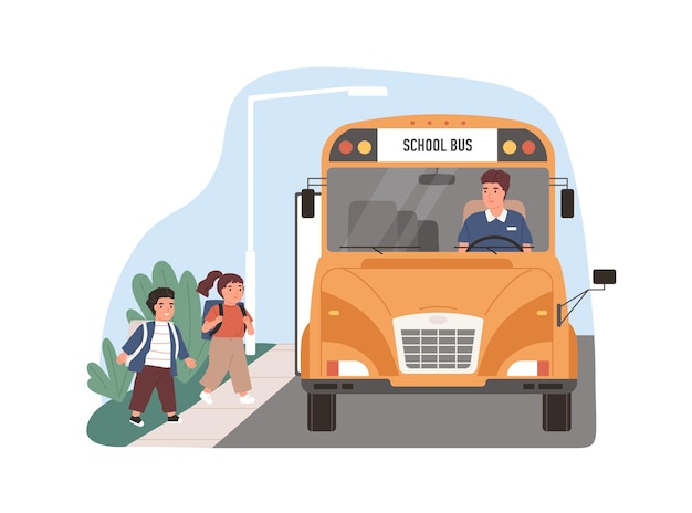 Yellow school bus driver arrived at stop with children. Kids entering schoolbus. Transport for schoolchildren. Flat vector illustration of schoolkid's transportation isolated on white background.