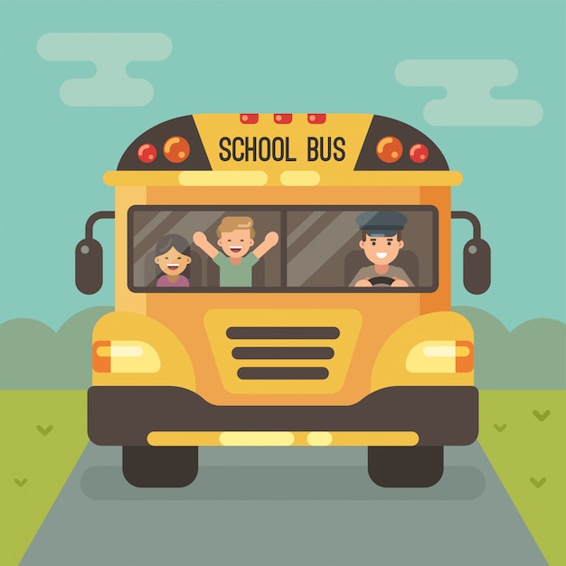 Вектор Желтый школьный автобус на дороге, вид спереди, с водителем и двумя детьми. мальчик и девочка.
