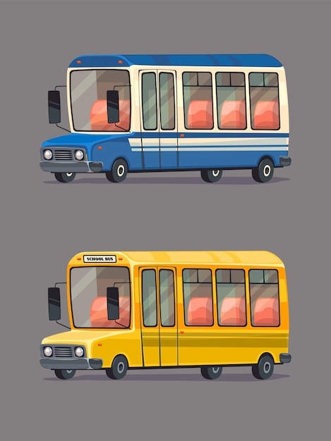 Vector yellow school bus. public bus. retro cars set. cartoon style.