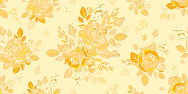 Yellow seamless floral pattern with flowers rose buds and leaves