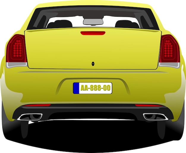 Yellow sedan car Rear view Vector Colored 3d illustration