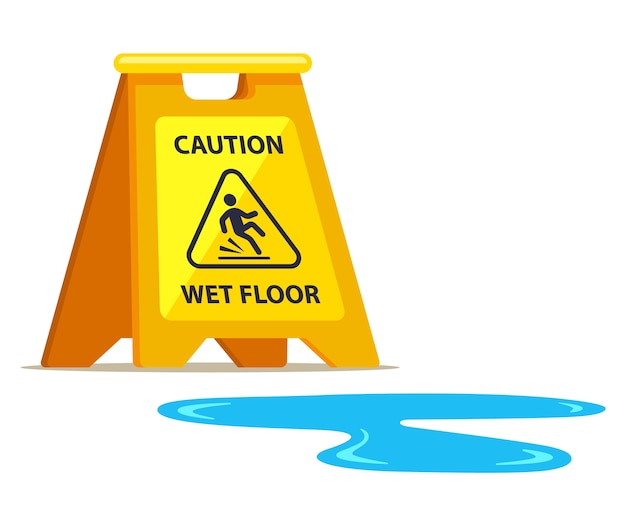 Vector yellow sign carefully wet floor and puddle nearby.