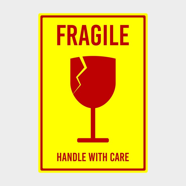 Vector a yellow sign that says fragile with a glass