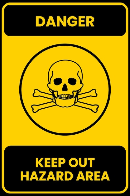 A yellow sign that says keep out with a skull and crossbones