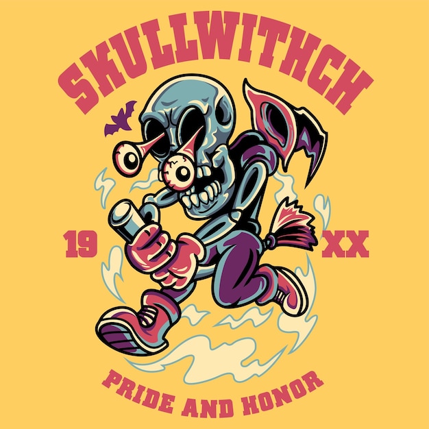 Vector yellow skull witch kids in retro stijl illustratie