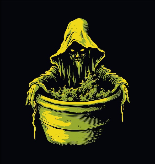 A yellow skull with a hood and a hood is holding a bucket of liquid.