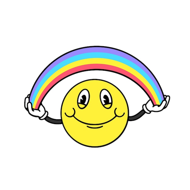 Vector yellow smiley face holding a rainbow doodle cartoon character vector illustration