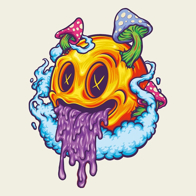 Vector yellow smiley icon psychedelic fungus vector illustrations for your work logo, mascot merchandise t-shirt, stickers and label designs, poster, greeting cards advertising business company or brands.