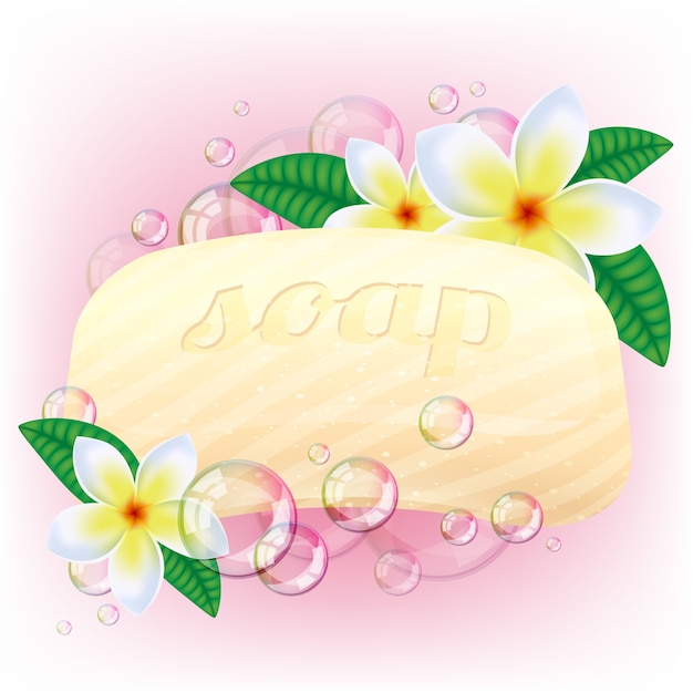 Yellow soap bar with bubbles and white flowers on pink.