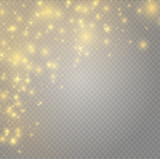 Scintille gialle e stelle dorate scintillano con un effetto di luce speciale. scintillanti particelle di polvere magica.