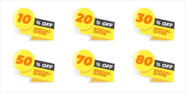 Yellow Special offer discount label with different sale percentage 10 20 30 70 50 percent off price reduction badge promotion