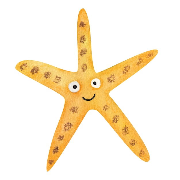 Yellow starfish Watercolor illustration in cartoon style