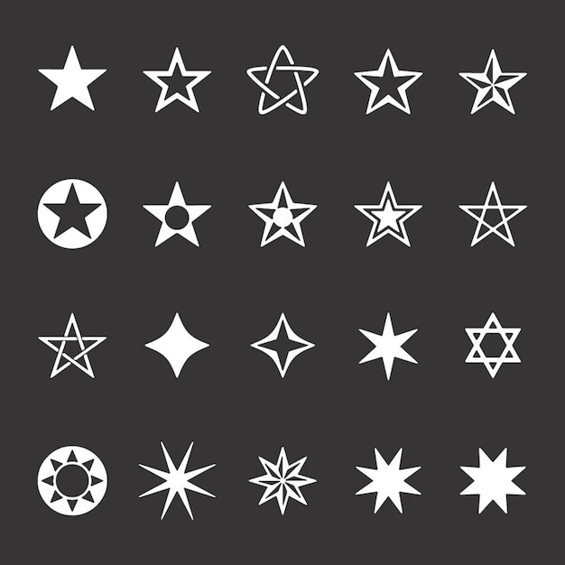 Vector yellow stars in flat outline and glyph